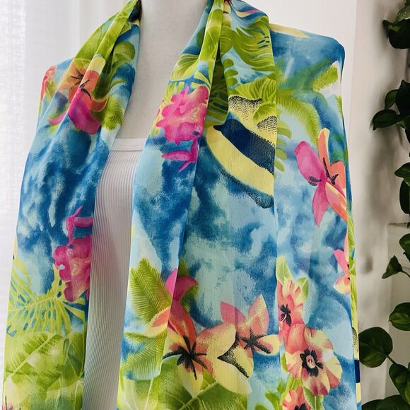 Beautiful Green & Blue Floral Soft Chiffon Flowy Feminine Wrap - Picture 5 of 6
